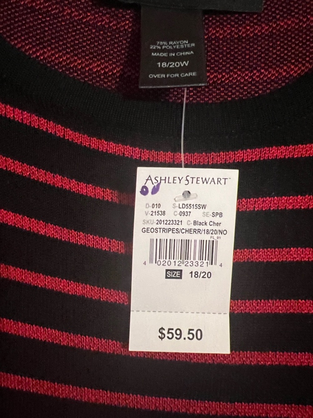 Ashley Stewart Black and Red Striped Crewneck Sweater